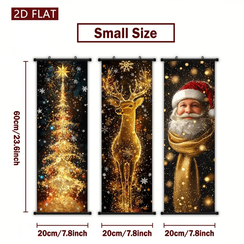 VIKAMA Christmas 3-Piece Wall Banner Set, Vintage Candle Lantern Rustic Scroll Tapestry for Xmas Fireplace Decor