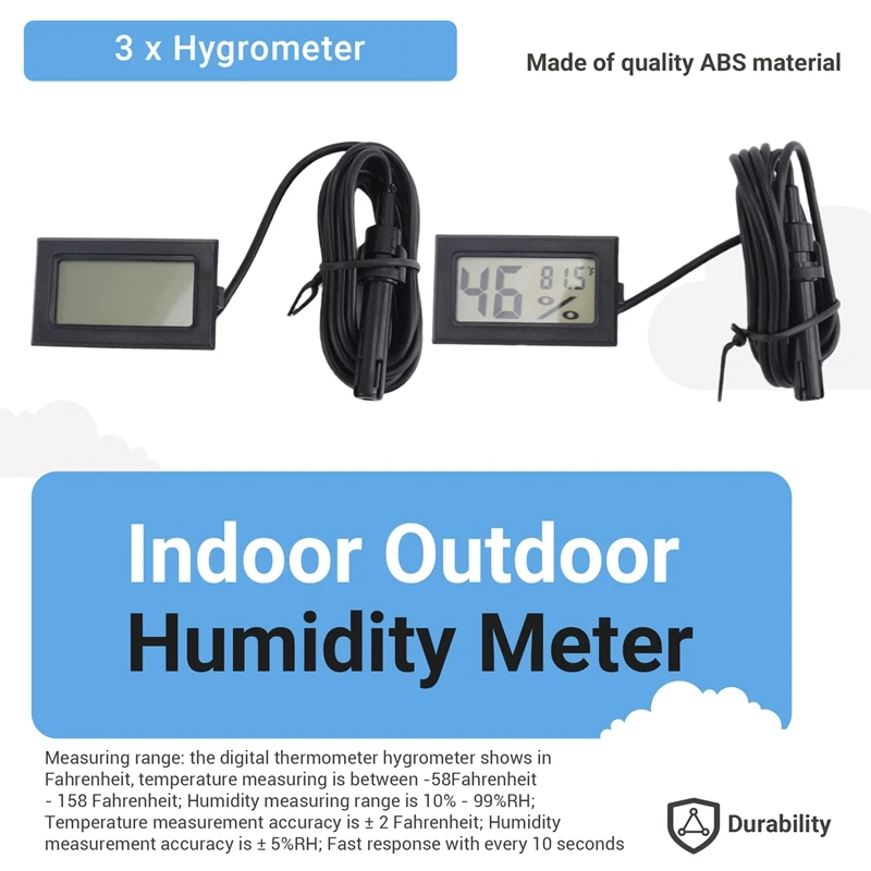 ABDE-Digital Thermometer Hygrometer With Probe Indoor Temperature Humidity Meter Hygrometer Gauge For Incubator Reptile Plant