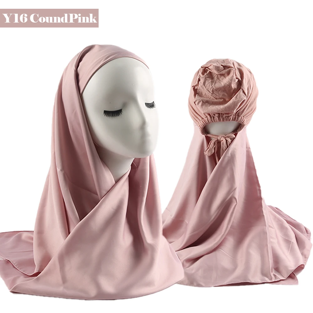 Instant Bawal Matte Silk Satin 110X110cm Square Matte Satin Tudung Scarf With Inner Cap Muslim High Quality Office Lady Hijab