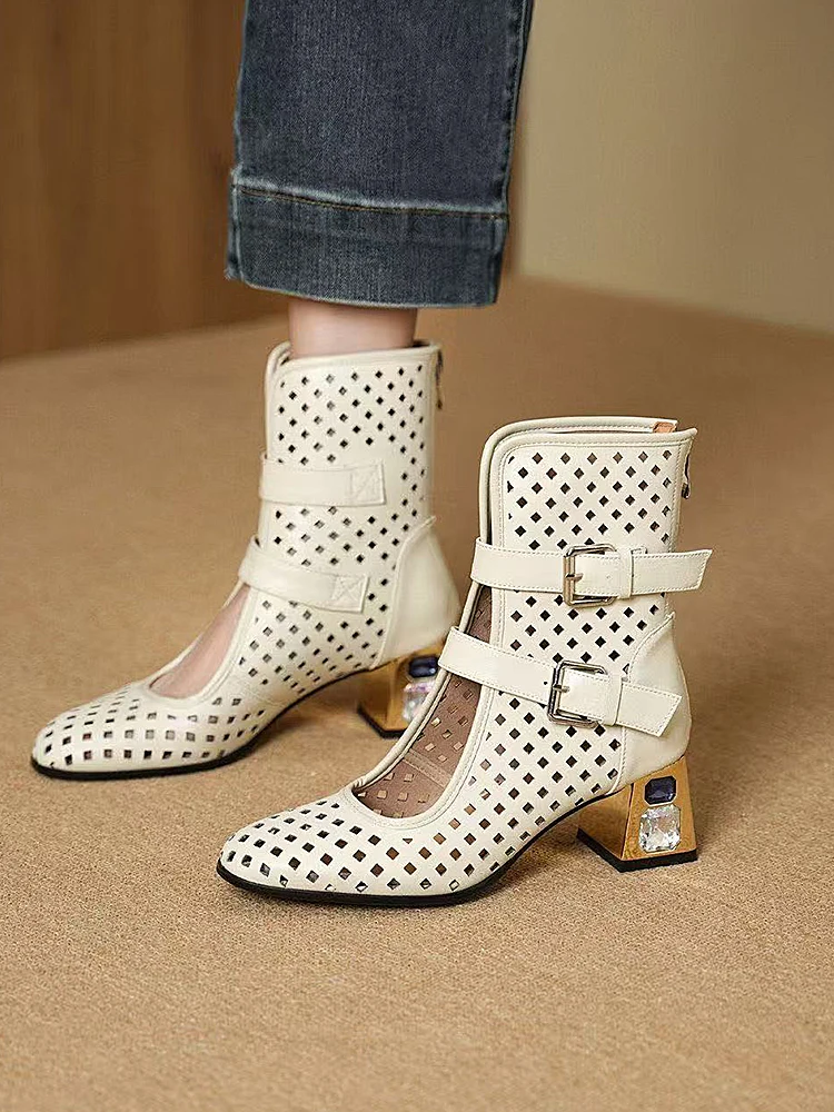

2026 Summer Boots for Woman Design Hollow Rhinestone Buckle Brand Luxury Sandals Wedge High-top Elegant Ladies Shoes