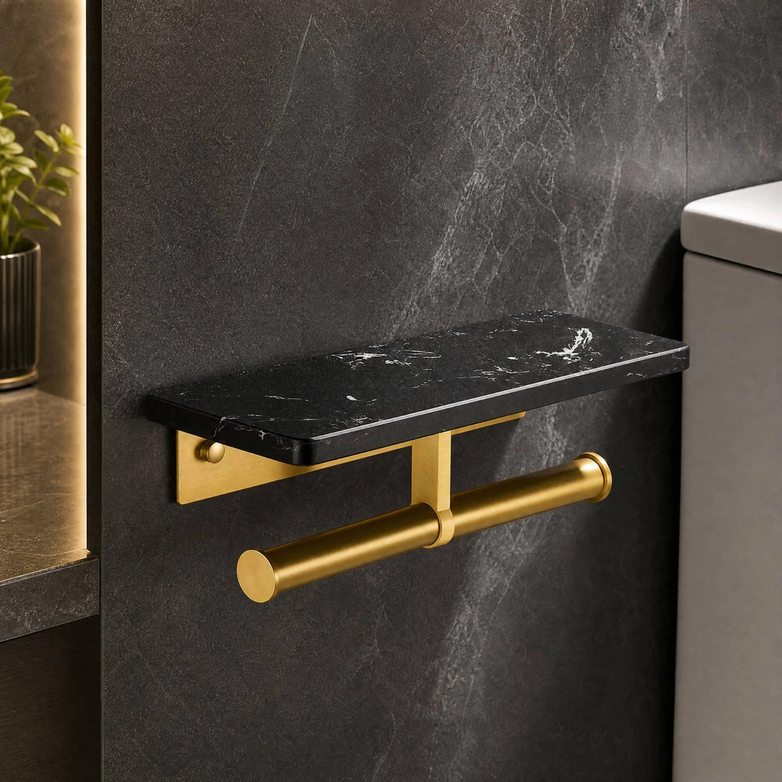 Marble-Pattern Bathroom Tissue Holder with Phone Shelf Sturdy No-Drill Bathroom Bathroom Tissue Holder with Shelf Wipe-Clean