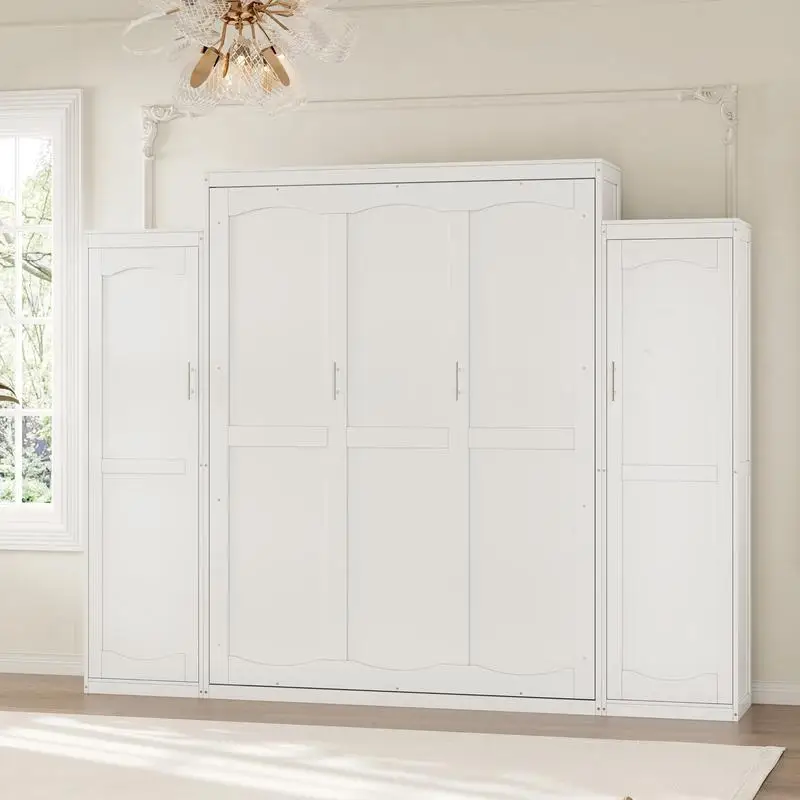 เตียงพับแบบมอร์ฟีขนาดเต็มพร้อมตู้เสื้อผ้า 2 ตู้และชั้นวางของ เตียงพับอเนกประสงค์สำหรับห้องพักแขกและห้องนอน