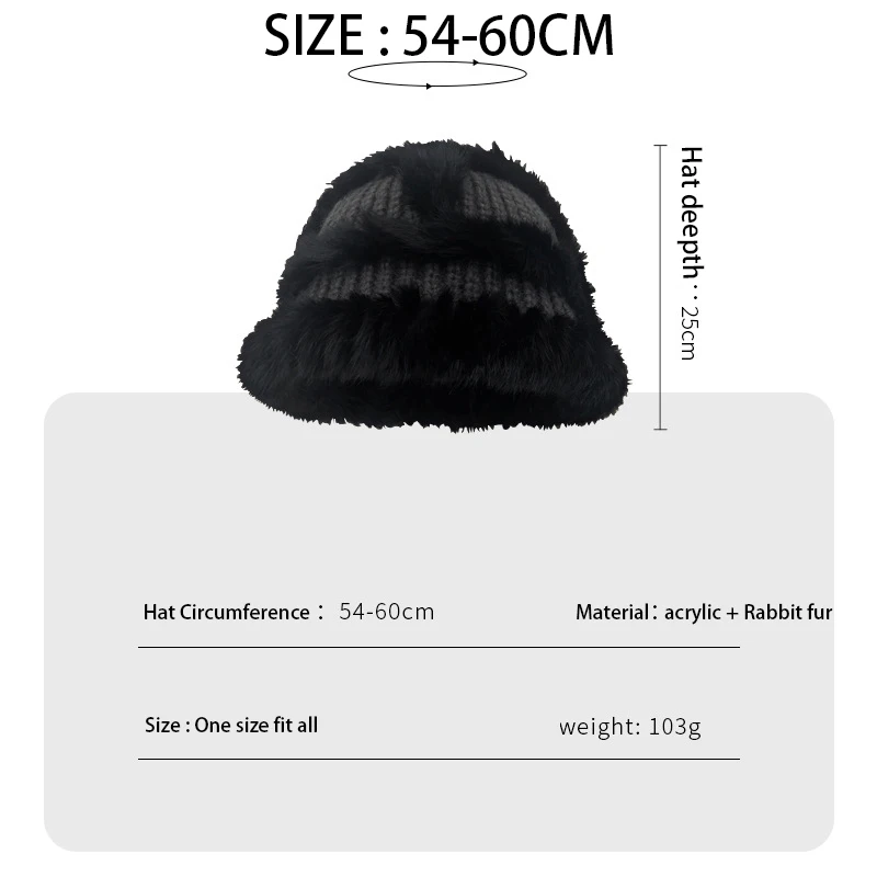 2024 Winter Crochet Rabbit Fur Bucket Hat Women Rainbow Luxury Fluffy Warm Beanies Female Fashion Faux Fur Kniting Hat Panama