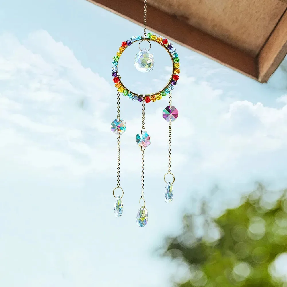 19.5cm Colourful Glass Beads Crystal Prism Wind Chime Multi-faceted Pendant Rainbow Making Sunlight Collector Balcony Decoration