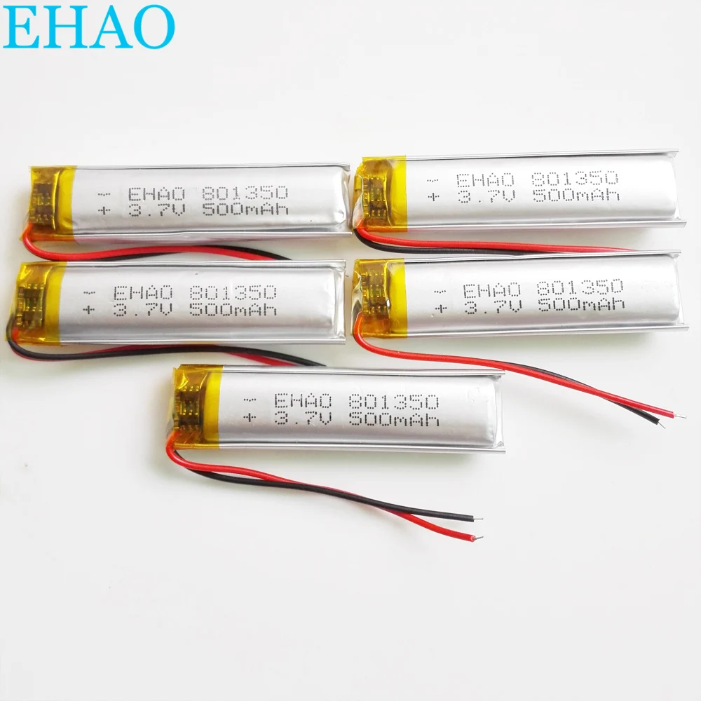 EHAO 801350 리튬 폴리머 LiPo 충전식 배터리 셀, Mp3 블루투스 GPS PSP 스피커 레코더, 3.7V, 500mAh, 로트 5 개