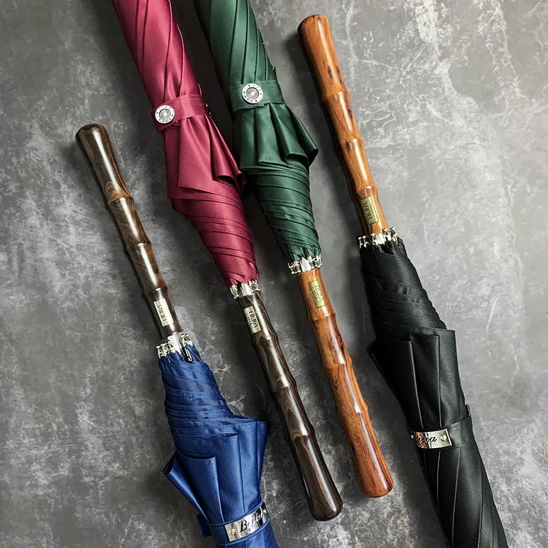 Ebony Wood Handle Long Umbrella Vintage Business Straight Rain Parasol Classic Double Person Umbrella Premium Travel Sun Shade