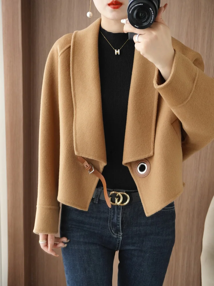 Autumn and Winter New Women's Coat 100% Wool Short Chic Woolen Coat Solid Color Large Lapel Trendy Jacket Women's Clothing