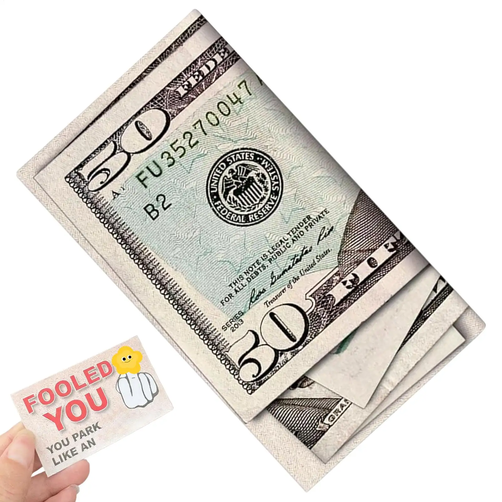 Carte di scherzo di parcheggio Bad Parkers 50 Dollar Bill Scherzo di parcheggio 50 pezzi Puntelli di scherzo di bavaglio di carta realistici resistenti allo sbiadimento
