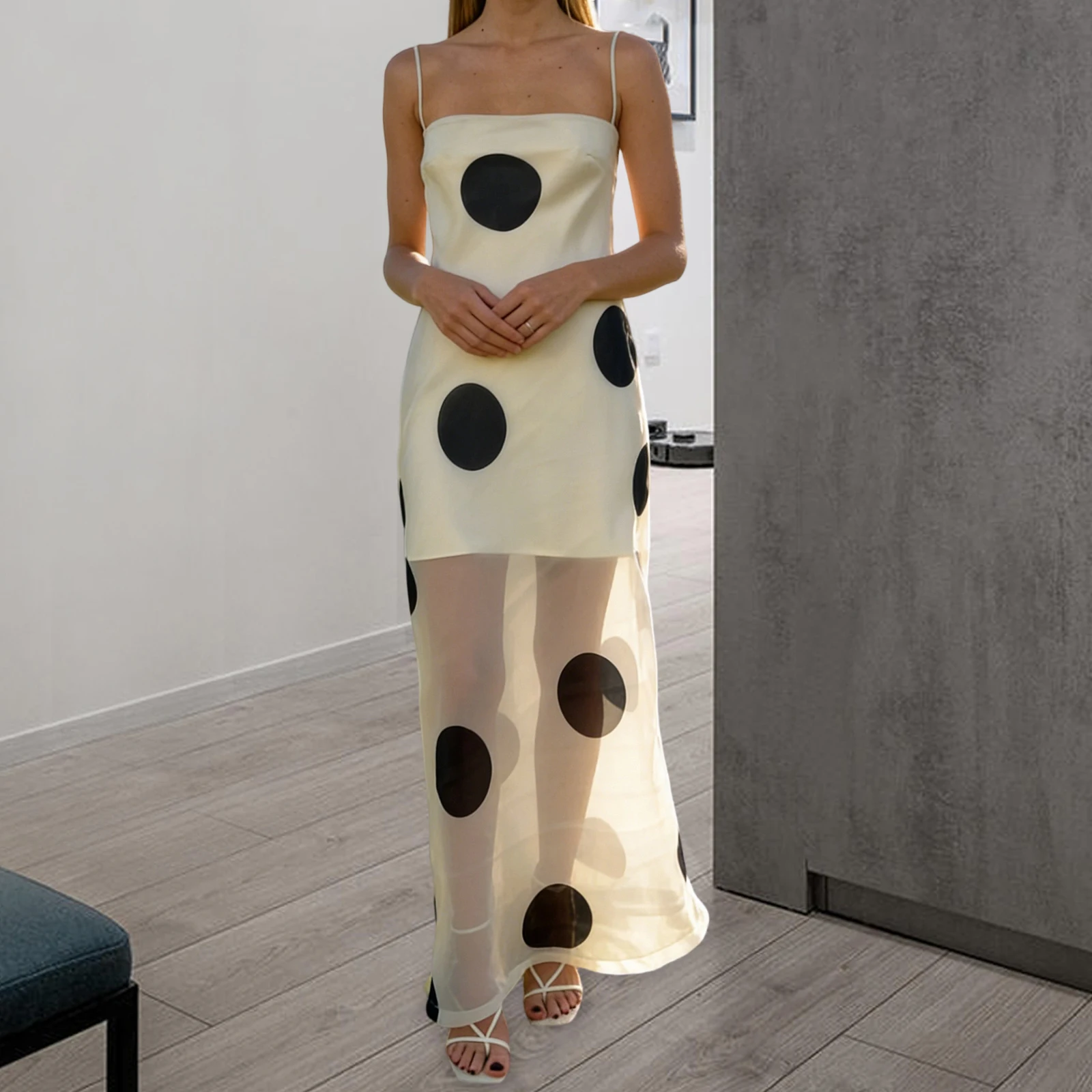 Women Summer y2k Vintage Dots Print Mesh Sheer Maxi Dress Sleeveless Backless Spaghetti Strap See Through Club Party Cami Dress