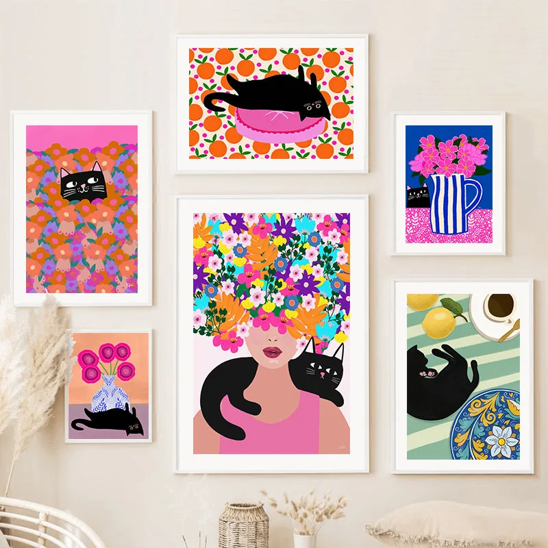 Boho Abstract Girl Vase Flower Black Cat Illustration Wall Art Canvas Painting Nordic Poster & Prints Pictures Living Room Decor