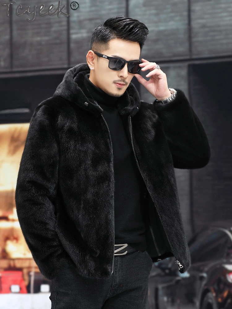 Tcyeek 2023 Hooded Natural Mink Fur Jacket Men Clothing Fashion High Quality Real Fur Coat Male Winter Warm Fur Jackets Black