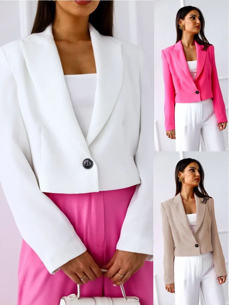 ผู้หญิง Elegant สั้น Blazer Casual สีทึบแขนยาวคลาสสิกธุรกิจปุ่ม All-Match Outwear Jacket