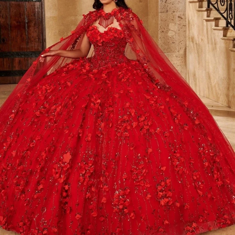 

Red Princess Ball Gown Quinceanera Dresses Off Shoulder With Cape 3D Flower Corset Sweet 16 Dress Pageant Gowns vestido de 15