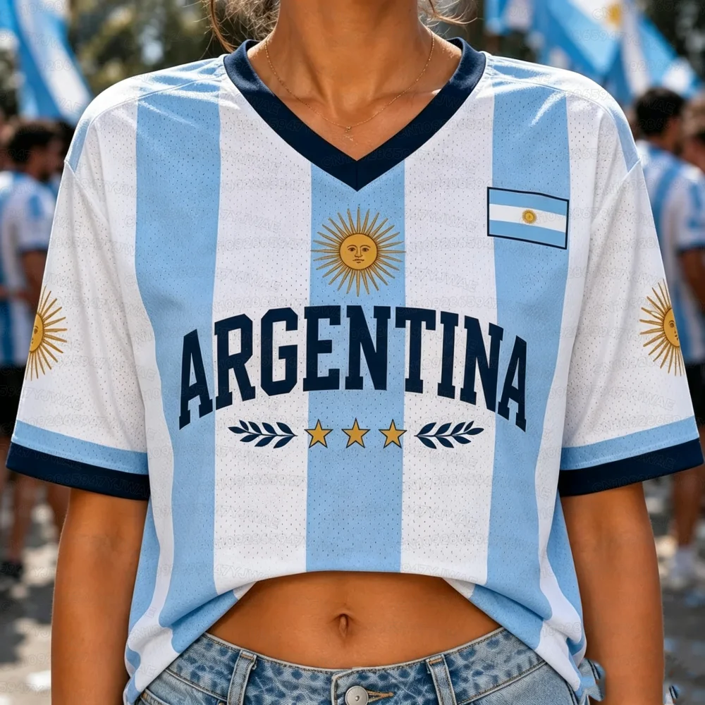 Summer Women's Men's Argentina Print V-Neck Short Sleeve T-Shirt Graphic Tee Jerseys Plus Size Sport T-Shirt Soccer Fans view 6