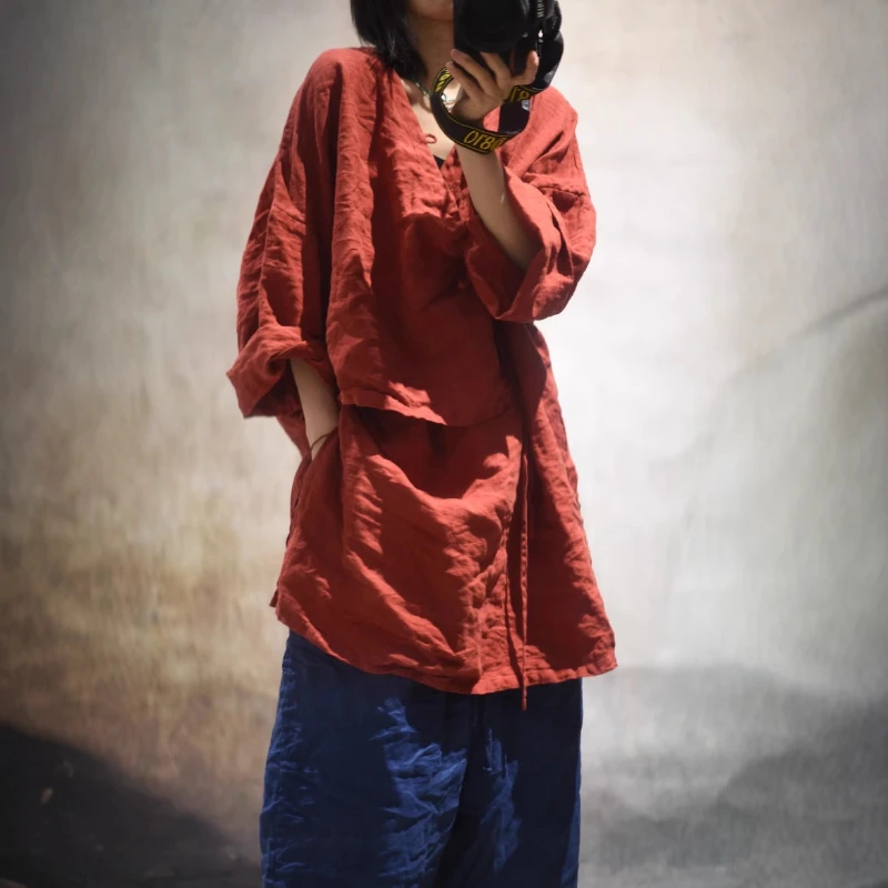 

Women's V-Neck Kimono Cardigan V Neck Middle Length Shirt Top Natural Linen Long Sleeve Robe Style Lace Up Summer Loose Vestidos