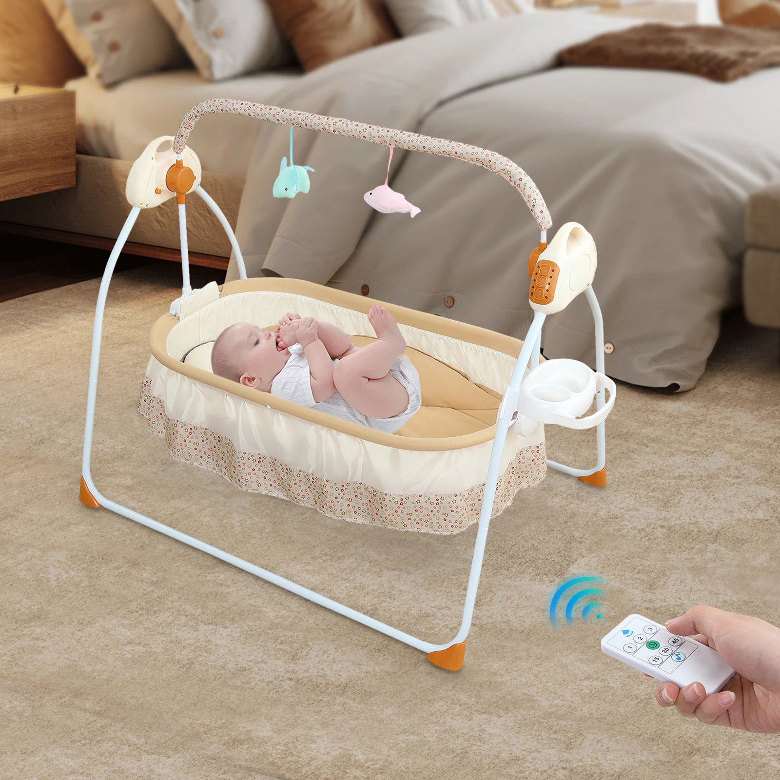 Electric Cradle Foldable Electric Baby Cradle w/ Music Dual Control, Mosquito Net & Swing, 5-Level Adjustable Rocking Bassinet