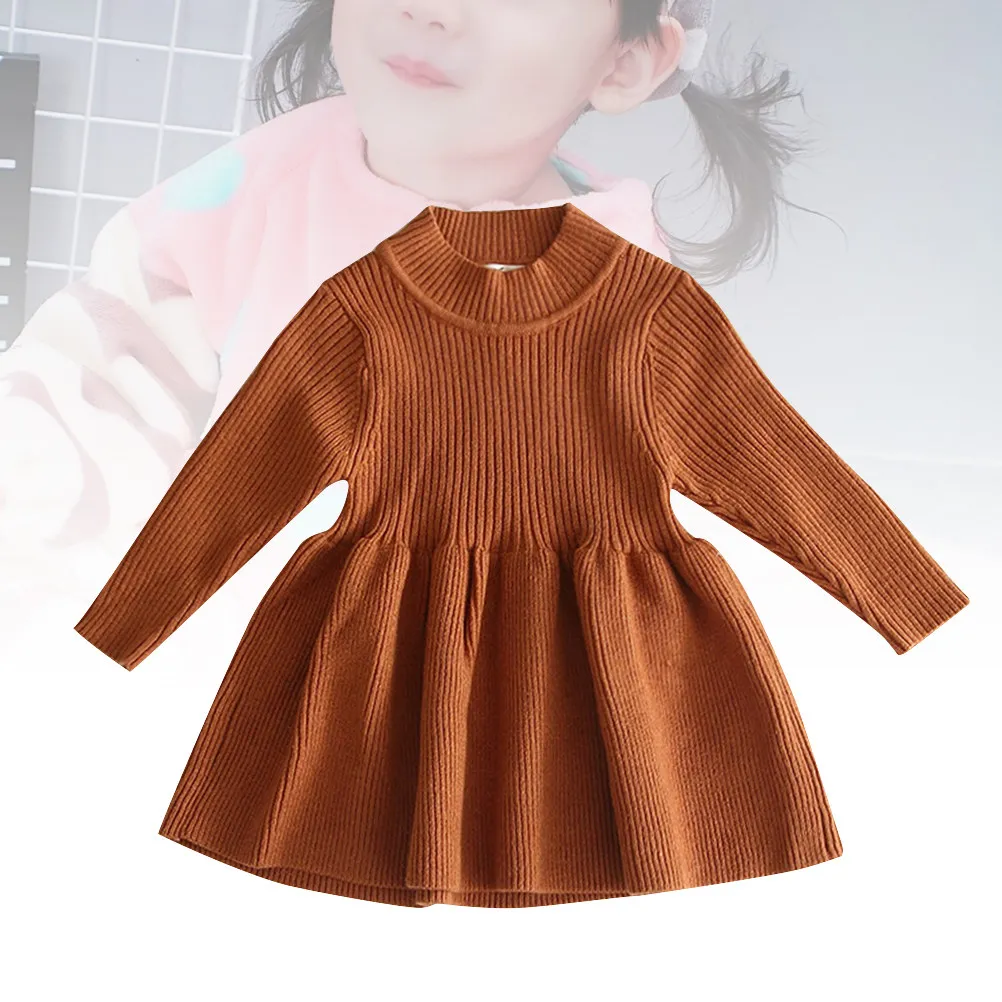 Girls Knitted Dress Brown Size 100Cm Long Sleeve Keep Warm Soft Stretchy Casual Daily Wear Spring Autumn Winter Toddler Baby