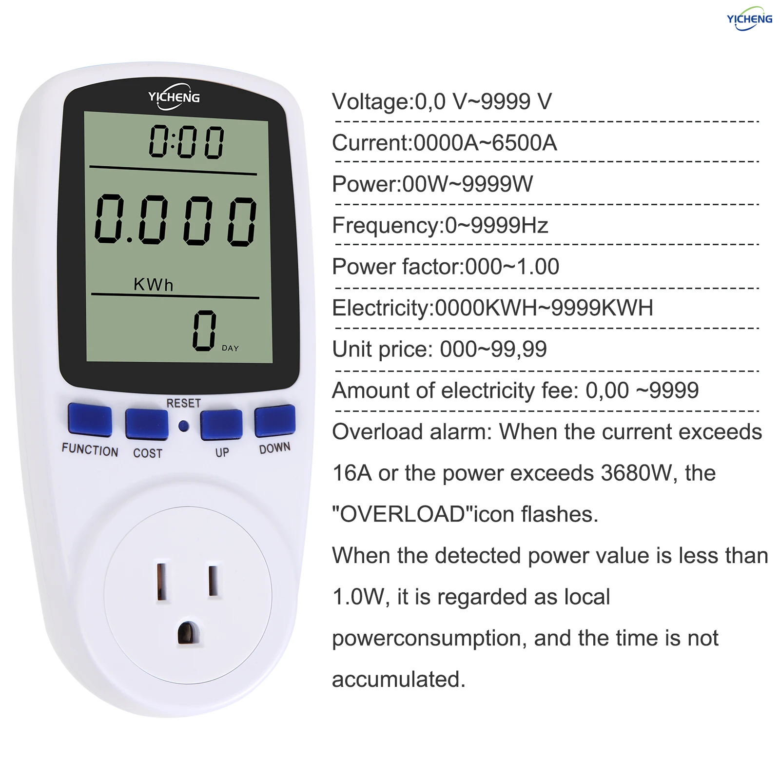 YICHENG-enchufe para medidor de potencia de vatios, Monitor de uso eléctrico doméstico, consumo, amplificadores de voltaje de energía, protección contra sobrecarga, pantalla de 7 modos