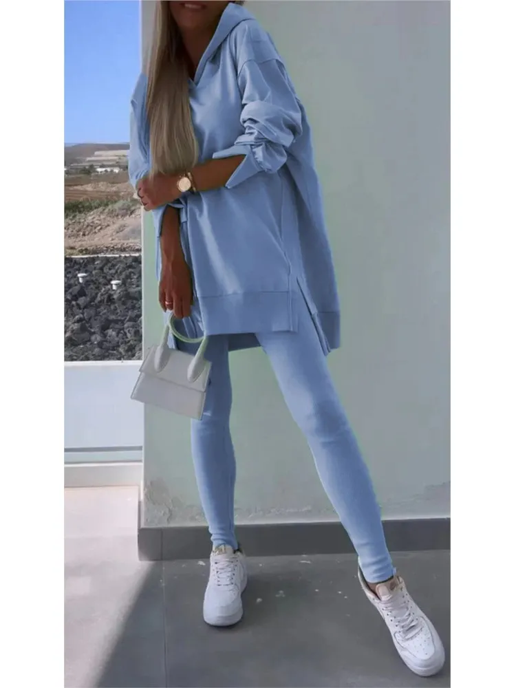 Autumn Winter Fashion Solid Color Split Two Piece Sets Women Hooded Long Sleeved Sweatshirt Tight Pants Casual Two Piece Set image 3