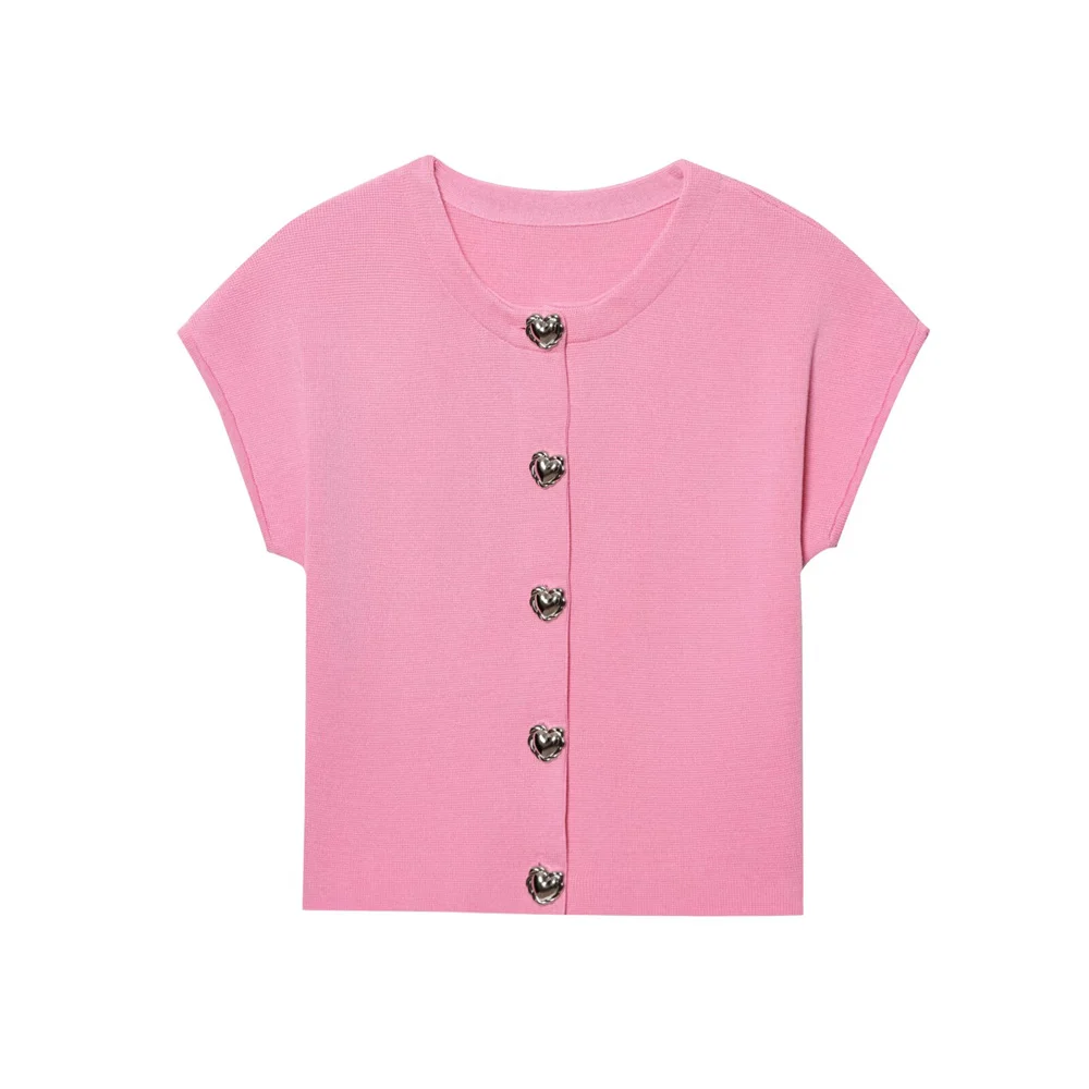 

Summer new women's clothing European and American style French heart-shaped button round neck short sleeved knitted top