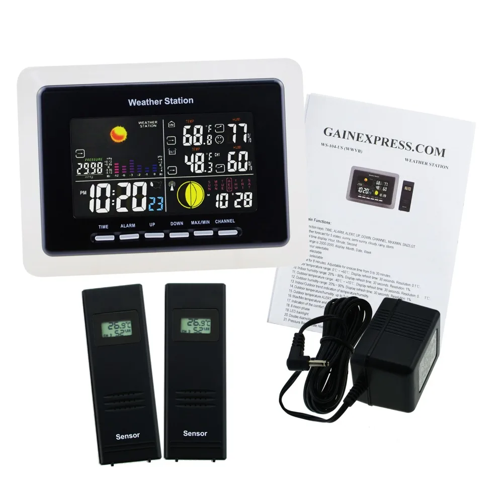 Wireless Weather Station WWVB/DCF77 RCC Indoor/Outdoor Temperature Thermometer with 2 Sensors Air Pressure Trend Indicator