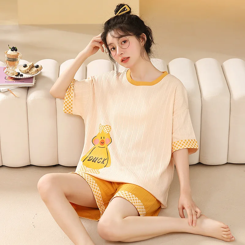 

2 Pieces Cotton Women's Sleepwear Short Sleeping Top Shorts Pajamas Set Korean Fashion Nightwear Cartoon Sweet Pijamas Suit