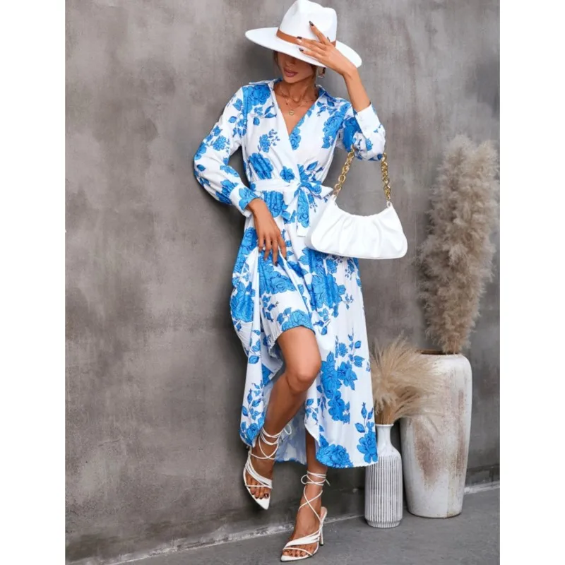 Women's Fashion Floral Printed Long Dresses 2025 Summer V Neck Lace-up Office Lady Elegant Party Vestidos Female Casual Clothing