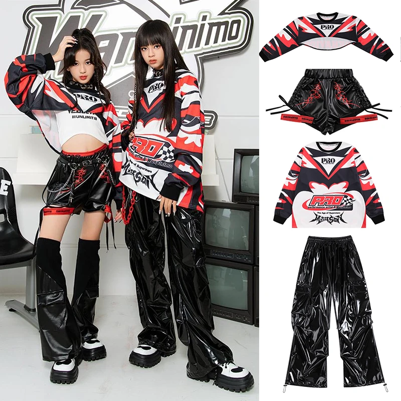 

Red Hip Hop Performance Costume For Girls Group K POP Jazz Dance Clothing Child Trendy Festival Party Cool Stage Outfits XH1782