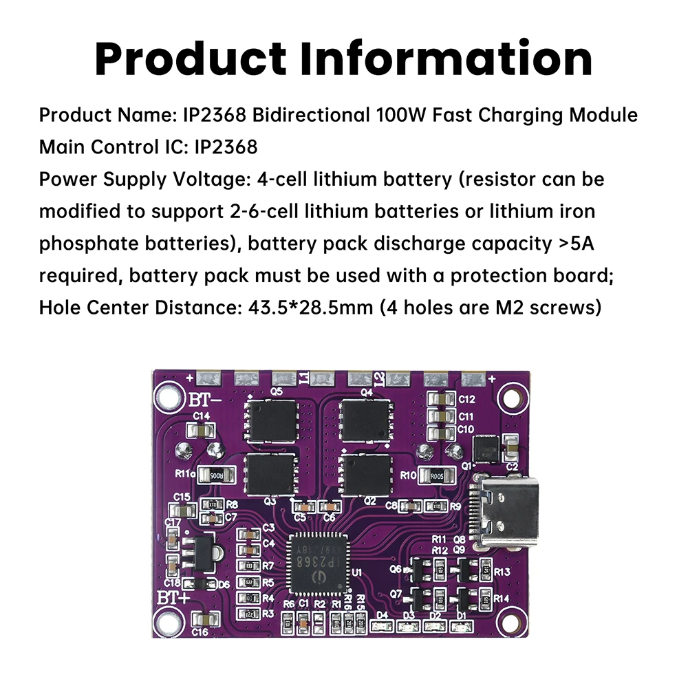 100W Schnelllademodul mit Buck-Boost-Funktion und Typ-C-Schnittstelle für 3-6S Lithiumbatterien, Hochleistungs-Beidrichtungs-Ladeplatine IP2368 – Detail 10
