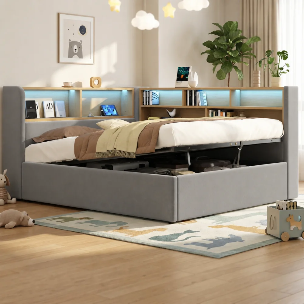 Tagesbett 140x190 cm, gepolstertes Tagesbett-Schlafsofa mit hydraulischem Stauraum, gepolsterter Rückenlehne, weichem Samtbezug in Grau, multifunktionales Gästebett für Schlafzimmer, Wohnzimmer,