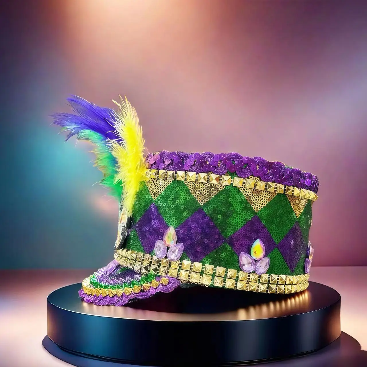 Carnival Bucket Hat Grenn and Purple Top Hat Rhinestone Rivet Chicken Feather Carnival  Top Hat Jazz Stage Hat Halloween Hat
