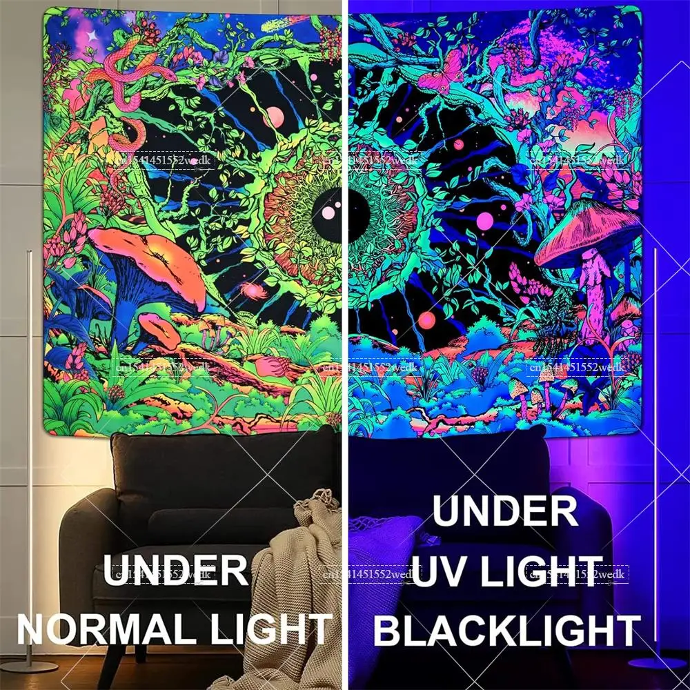 Blacklight Mushroom Tapestry UV Reactive Hippie Eye Butterfly Snake Neon Tapestrys Floral Plants Black Light Wall Tapestries