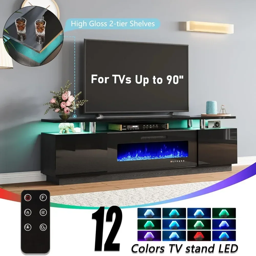 Conjuntos de mesa de sala de estar de 3, incluem suporte de TV com lareira de 2 camadas de 80", mesa de centro com prateleiras de vidro, luzes LED media Cente