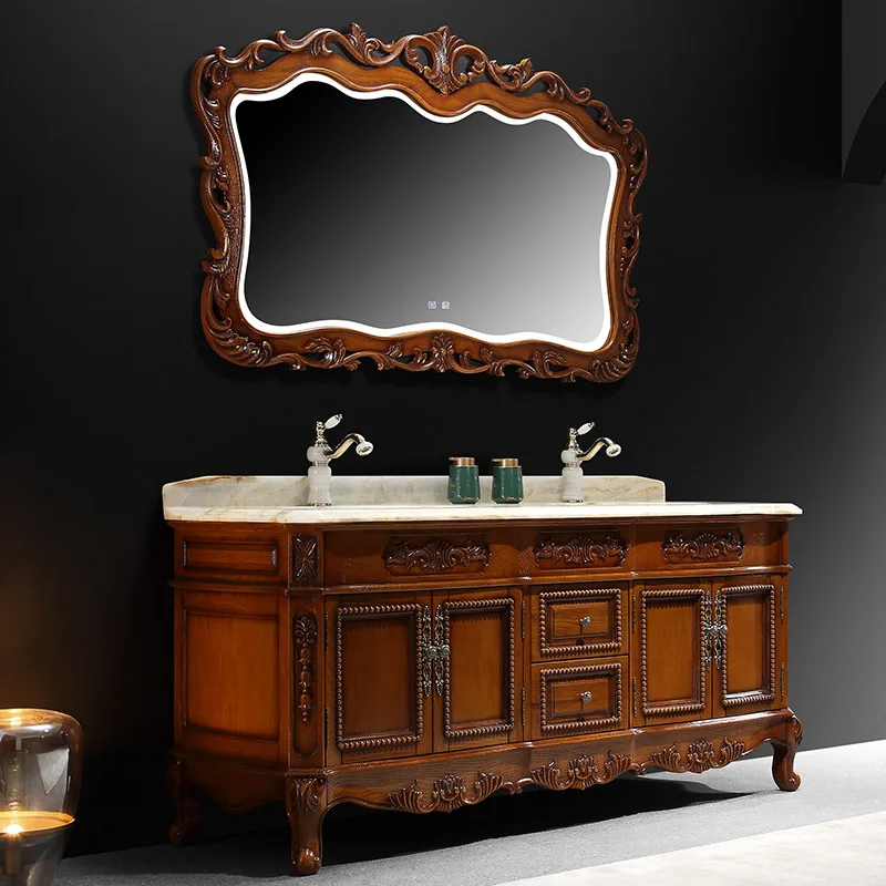 

Red oak European bathroom cabinet high-end natural jade countertop washbasin cabinet combination