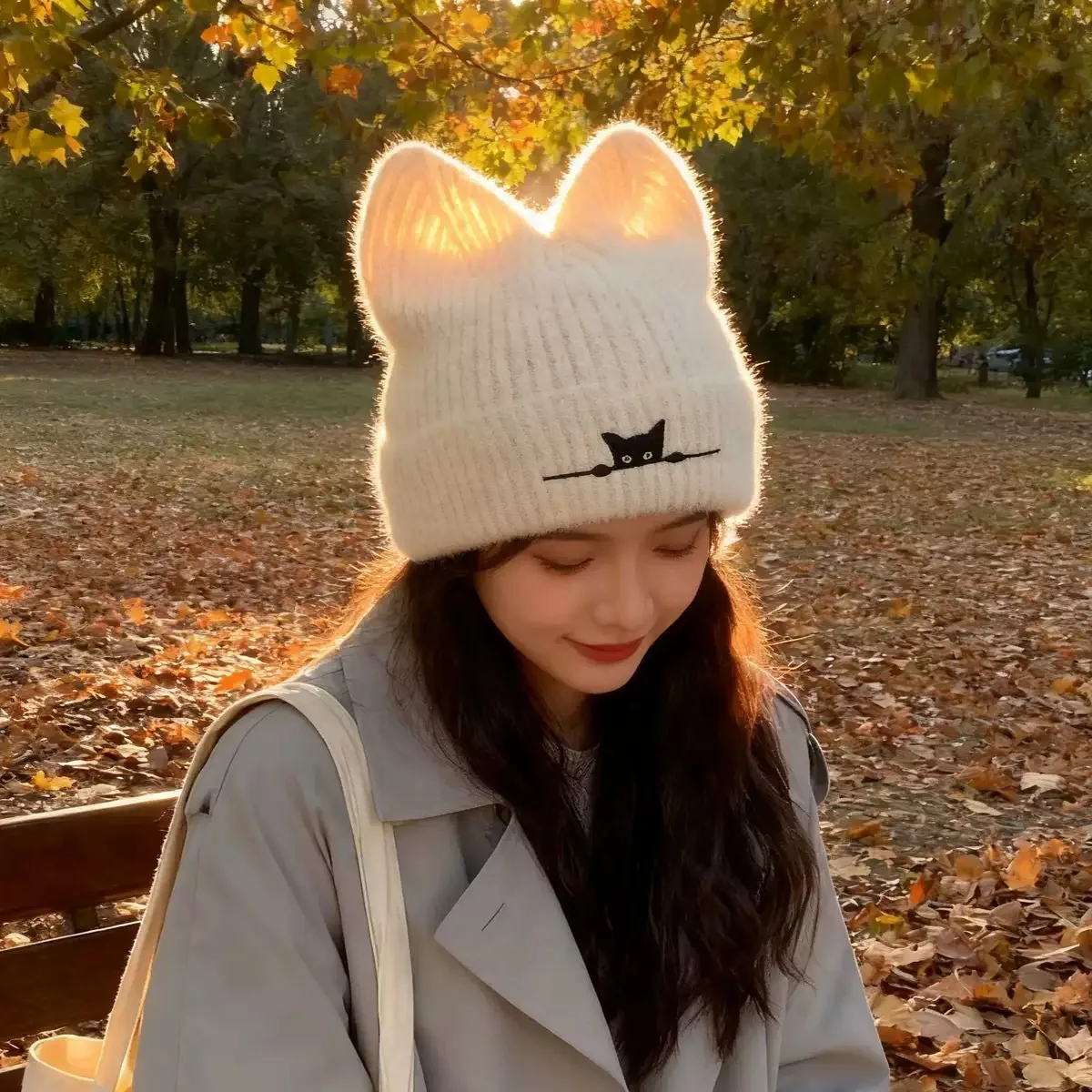 

Новые вязаные шапки с кошачьими ушками, шерстяная шапка с вышивкой, милый осенне-зимний теплый пуловер, шапка, холодная шапка, шапочки