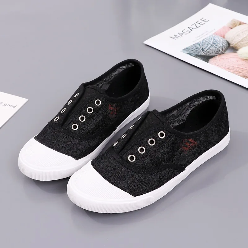 Women's Lace Hollow-Out Canvas Flats Breathable White Ballet-Inspired Sneakers Comfortable All-Match Footwear Lightweight Shoes view 5