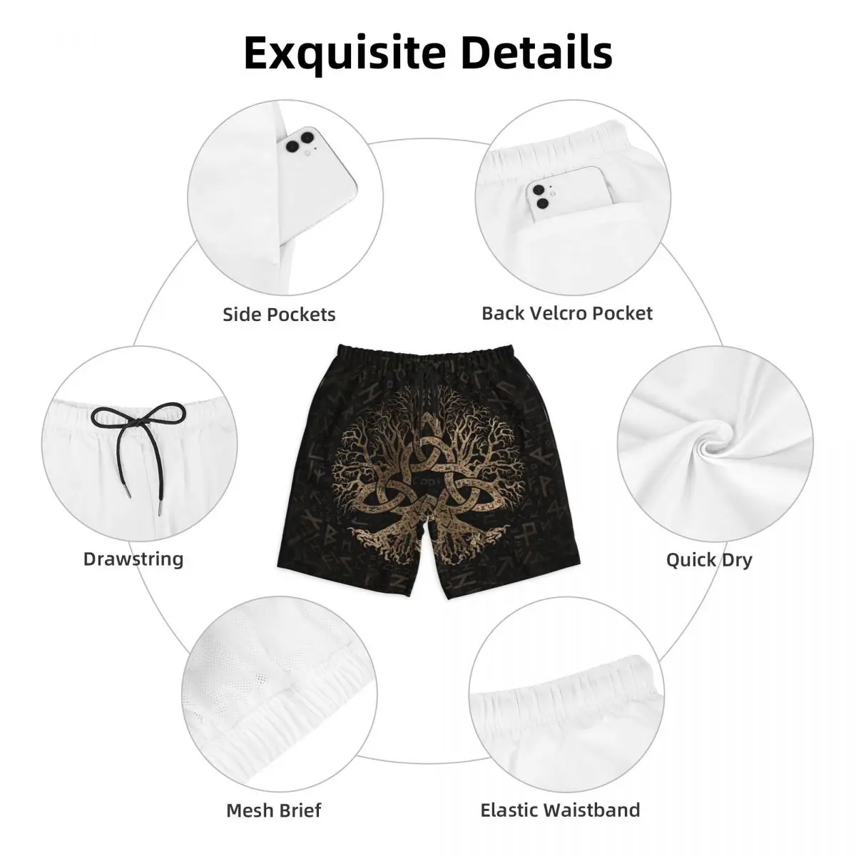 Tree Of Life With Triquetra On Futhark Boardshorts Mens Dry Board Shorts Yggdrasil Swim Trunks Custom Printed Swimwear Suits