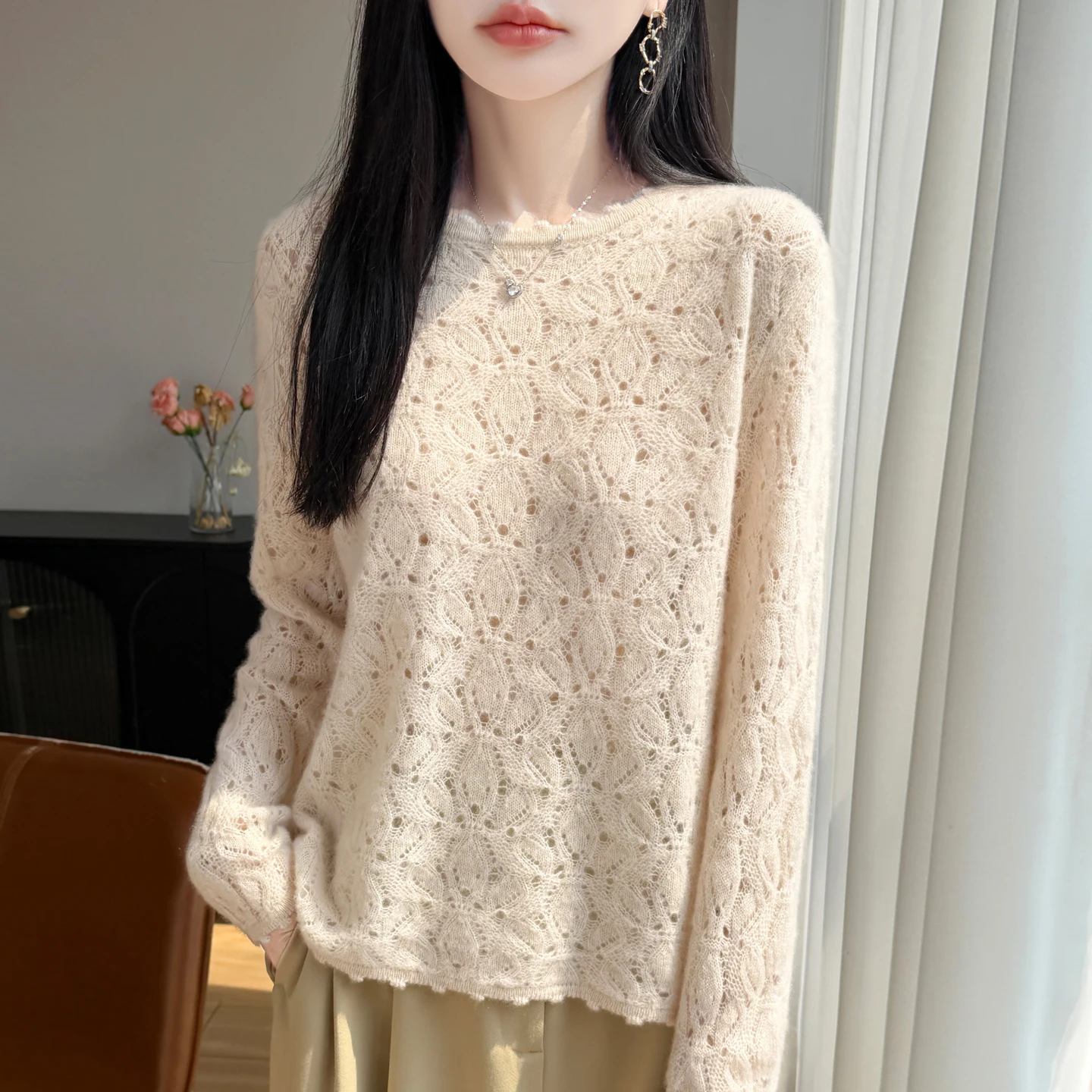 Women 100% Merino Wool Sweater O-Neck Hollow out Pullover New Fashion Jumper Spring Autumn Cashmere Sweater Female Knitted Tops - Detail 1