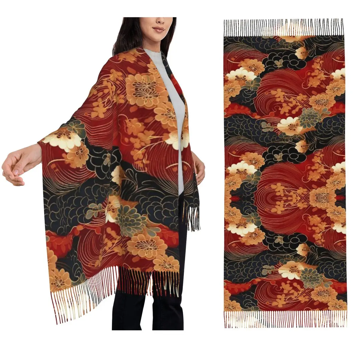 Lindas flores cachecol borla cachecóis para mulheres xales e envoltórios macios e quentes grande outono inverno xale envoltório