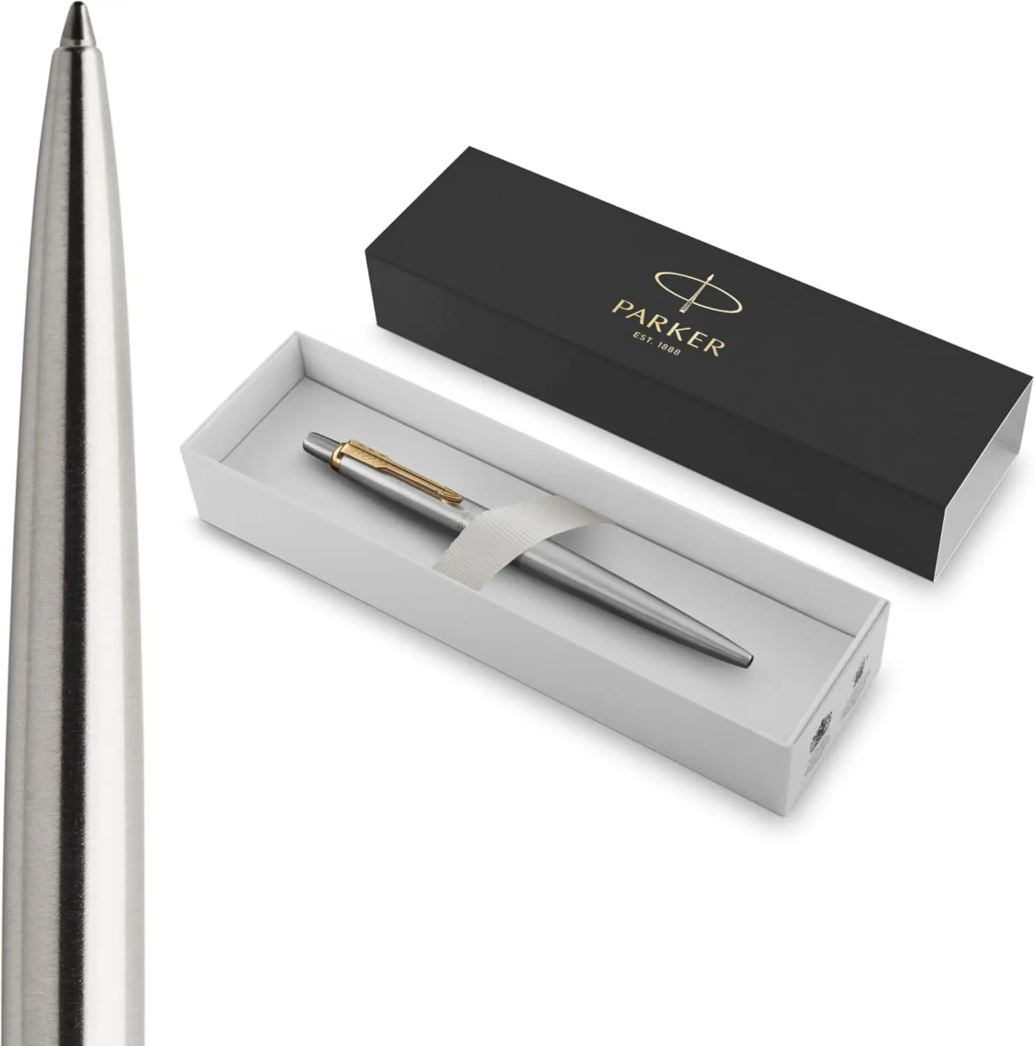 

Stainless Steel Ballpoint Pen with Gold Trim, Medium Point, Blue Ink, Smooth Writing, Professional Gift Box