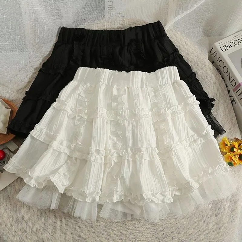 

High Waist Cute Ruffle Pleated A-Line Skirts Mini Skirt Woman Kawaii Lace Short Skirt for Women White Lolita