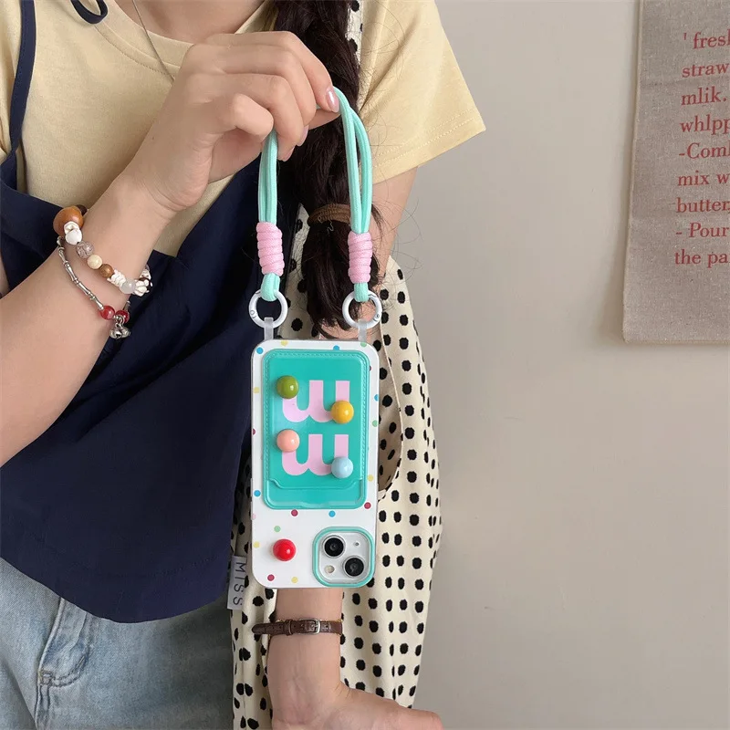 Card bag color polka dot three-dimensional M-bean phone case with hanging rope for iPhone 11, 12, 13, 14, 15Pro Max