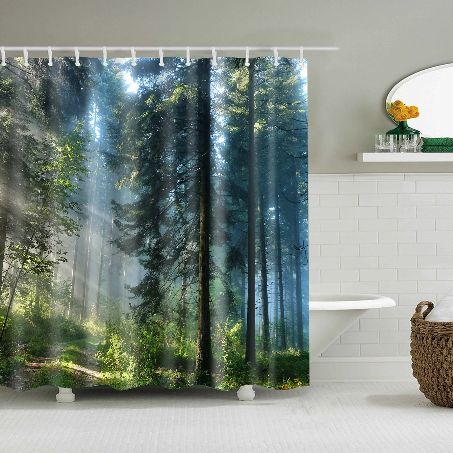 Natural Scenery Green Forest Design Shower Curtain Bathroom Waterproof Mildewproof Polyester Fabric Bath Curtain with 12 Hooks