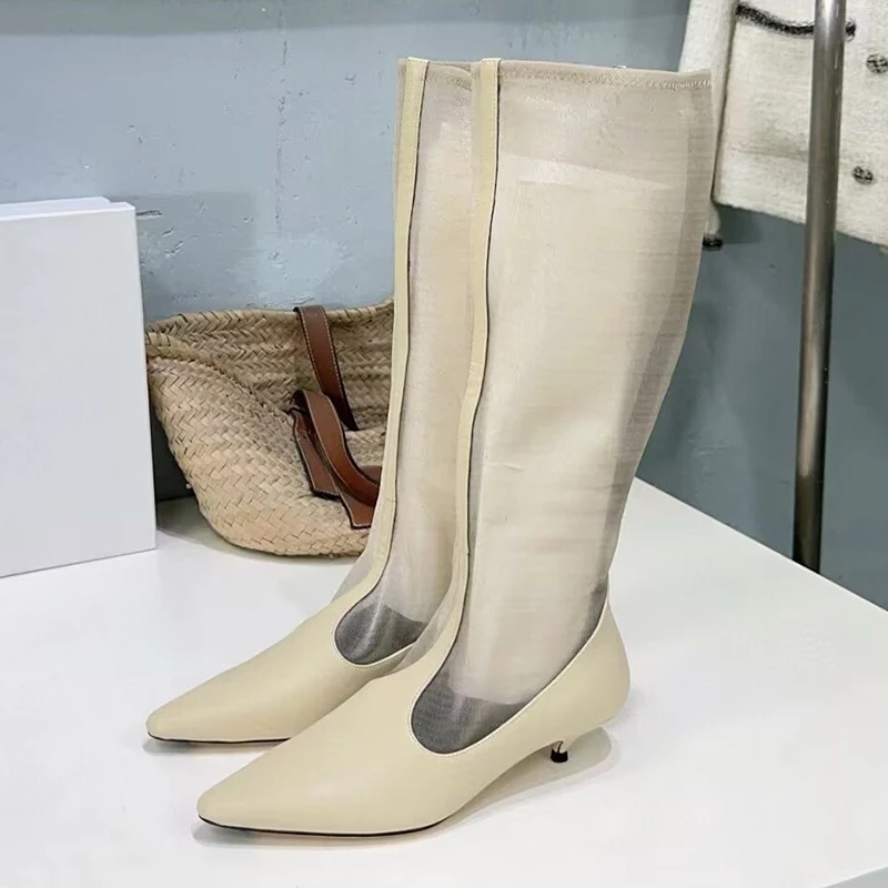 Genuine Leather Mesh Splicing Breathable Long Botas Women Pointed Toe Thin Heels Over-the-knee Boots Spring Autumn Modern Boots
