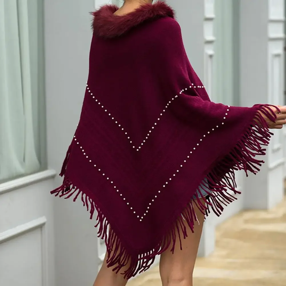 

For Daily Wear Women Cape Coat Autumn Winter Knitted Tassel Poncho Coat Thick Plush Collar Cloak Sweater Women's Clothing
