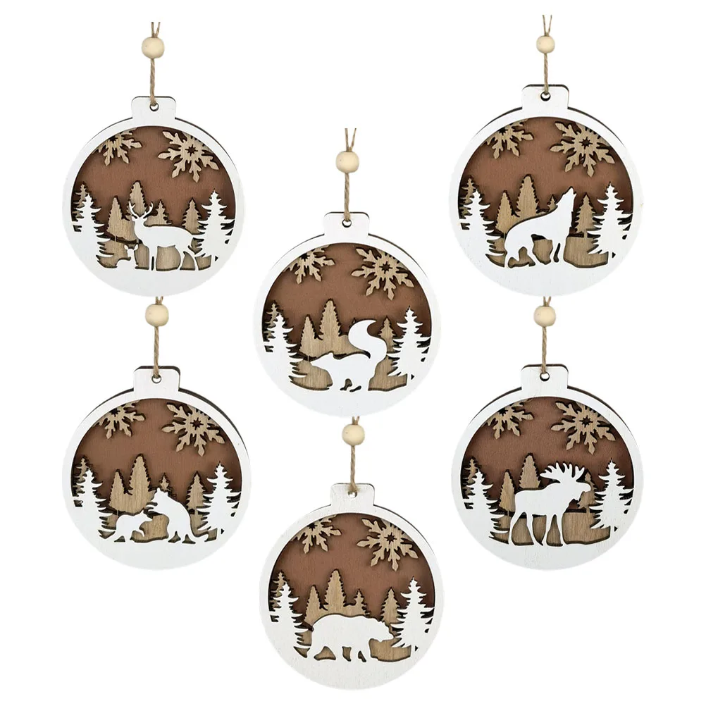 

6pcs Wooden Carved Christmas Balls Small Animal Ornaments Handmade Craft Xmas Tree Hanging Decorations Reusable Festive Holiday