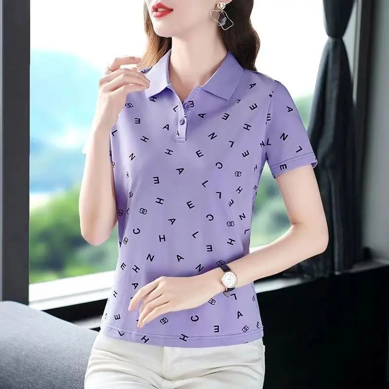 Summer T-shirt Short Sleeve Women's 2023 New Solid Color Printed Polo Collar Fashion Lapel Top Women Polo Shirt