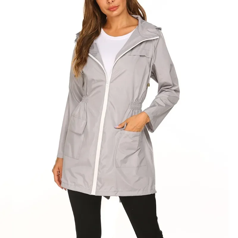 Windproof Waterproof Raincoat Long Jacket Hooded Women Autumn Winter Outdoor Hiking Clothes Long Rain Tops Rainwear Lightweight