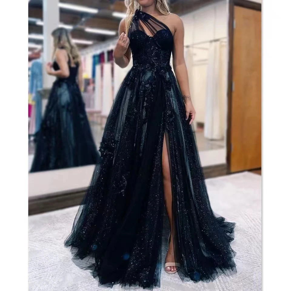

Dark Blue Sparkling Princess Applique Tulle A-line Prom Dress 2024 Sexy One Shoulder Side Split Party Dress Evening Dress