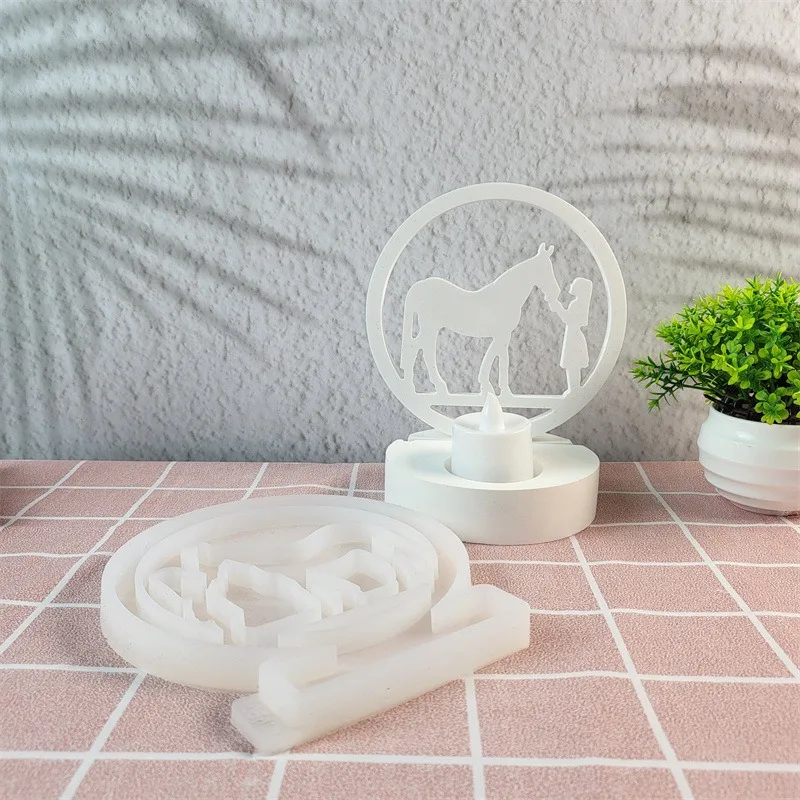 DIY Girl in the Circle Feeding Horse Insert Candle Base Silicone Mold Decoration Gypsum Resin Epoxy Mold Home Decoration Storage